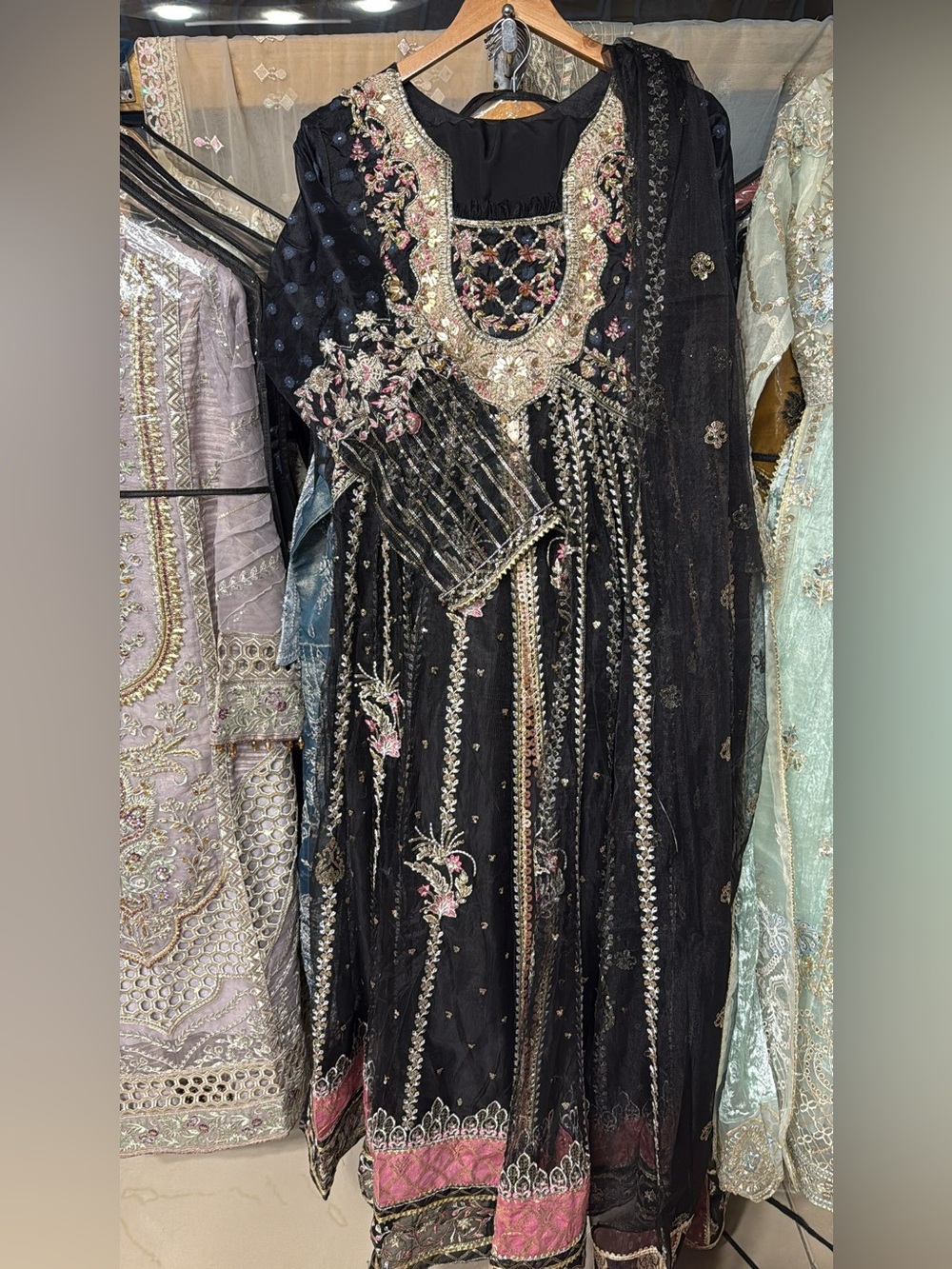 Black Pakistani Embroidered Shalwar Kameez | Gold & Pink Floral Work.